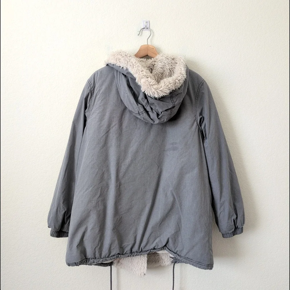 Free People Grey Faux Fur Trim Hooded‎ Parka Jacket Small Oversized Boho Utility